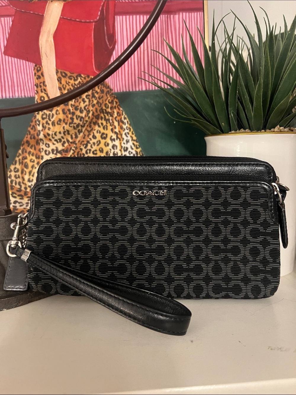 Coach Black Signature Jacquard canvas- double zip Wristlet Clutch